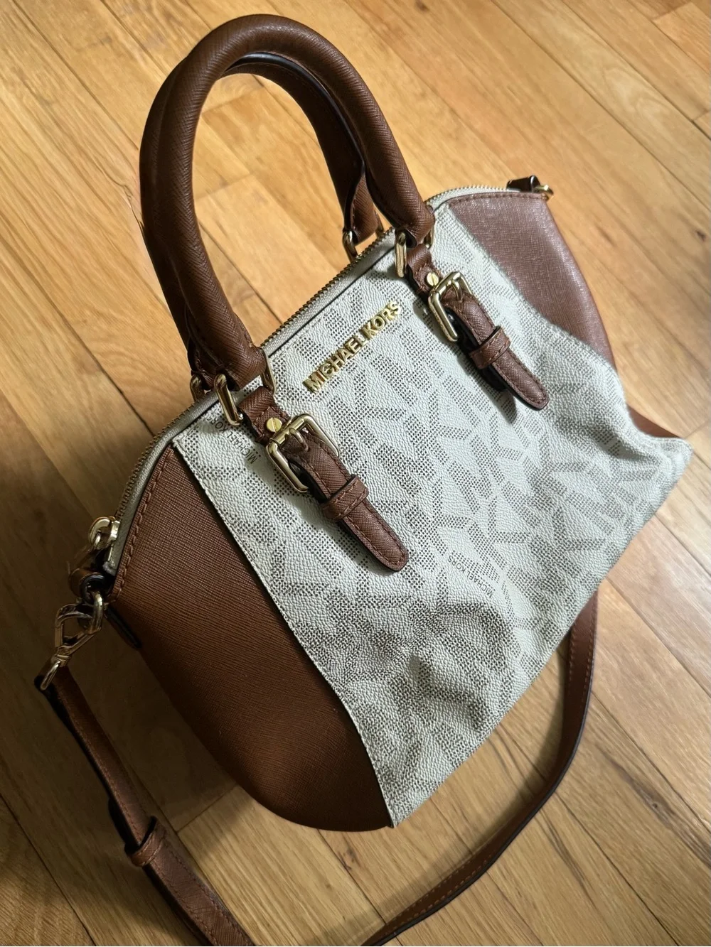 Ciara Michael Kors Brown Cream Signature Satchel Purse Bag Authentic removable
